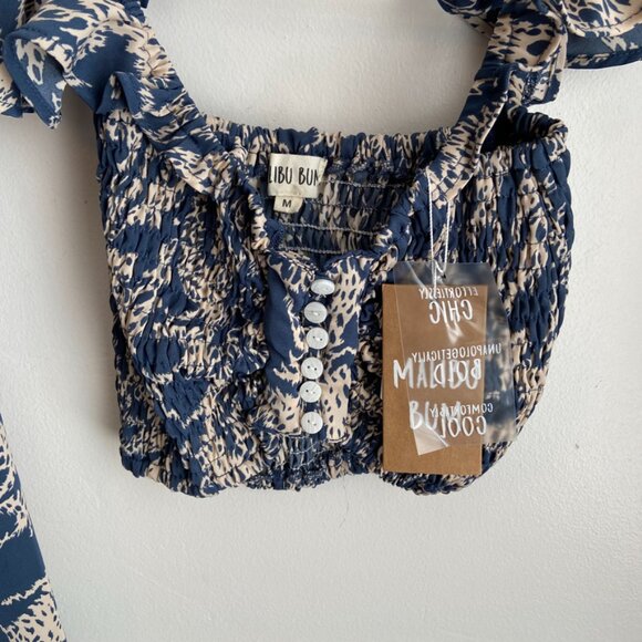 NWT Malibu Bum Blue & Cream Printed Crop Top & Maxi Skirt Two Piece Set - Picture 12 of 15